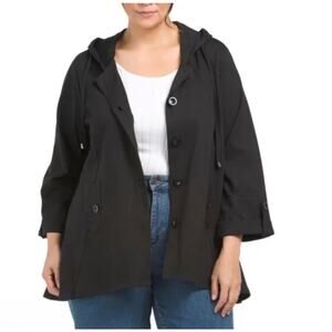 Christian Siriano Black Button Front Hooded Jacket 1X A-Line Swing Coat